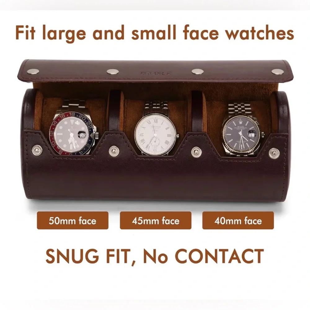 Lefor·Z Brown Leather Watch Roll 3 Slot Travel Case Luxury Organizer - Picture 2 of 8